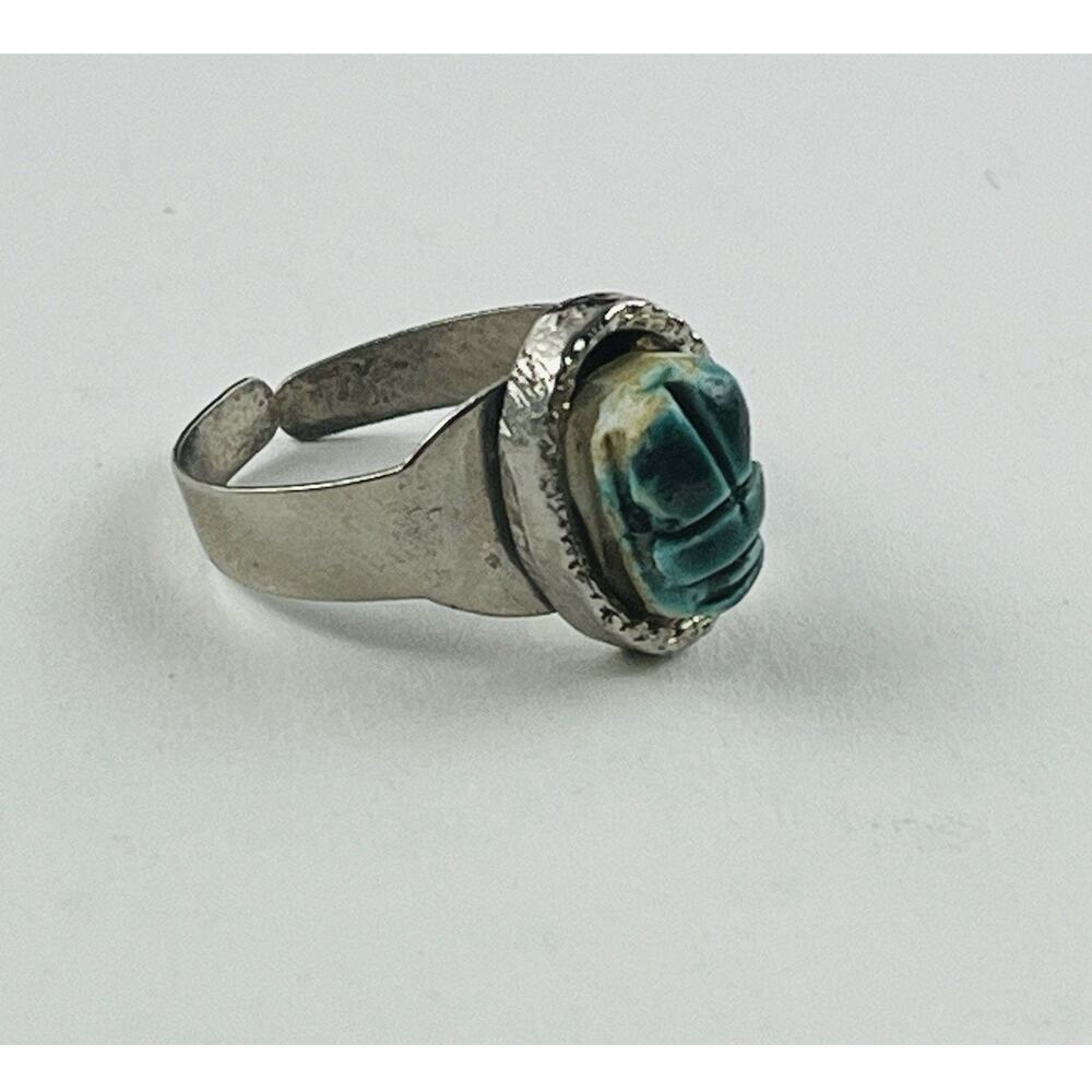 Scarab Silver Ring Egyptian Revival Estate Jewelry Blue Adjustable Bead Ethnic - Picture 4 of 13